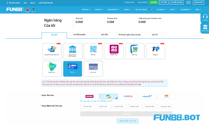 Cách nạp tiền Fun88 bằng thẻ cào