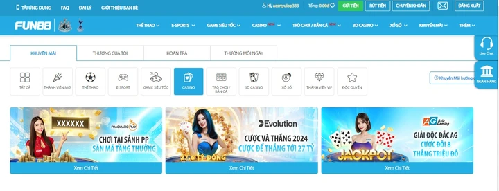 Các chương trình khuyến mãi Casino Fun88 cực sốc